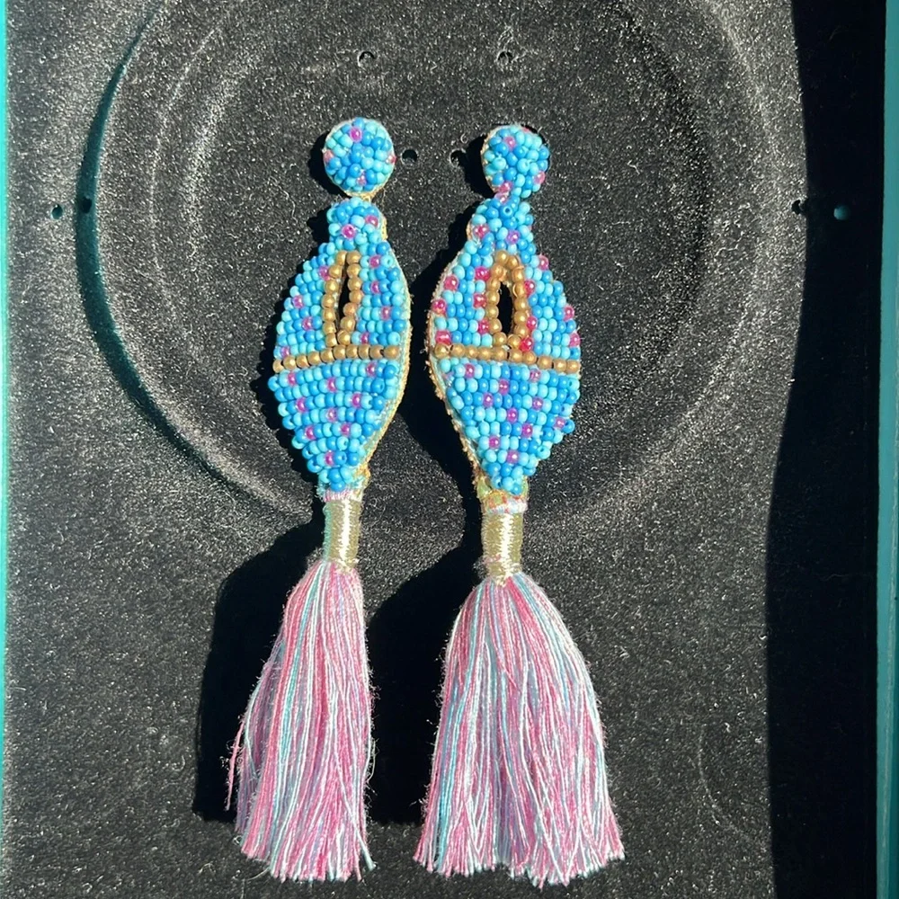Tassel Drop Earrings Anthropologie Boho Bohemian Blue Gold Purple Beaded Earring - Picture 4 of 4
